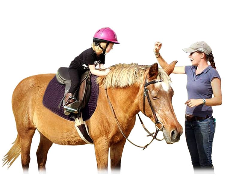 instructor with rainbow level student in mounted lesson